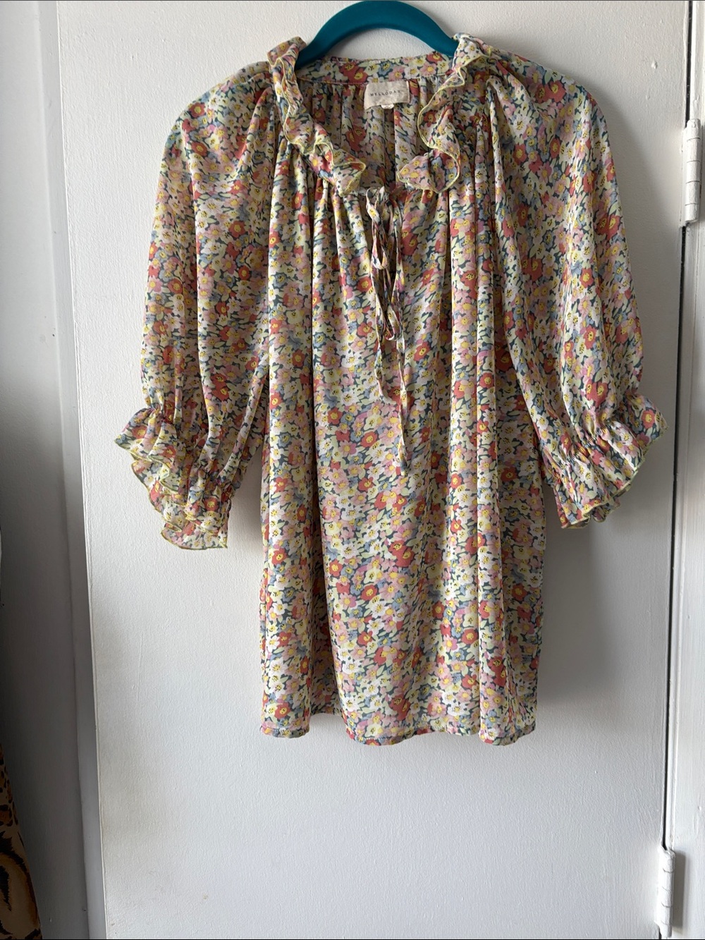 MELLODAY Pastel Floral Ruffle Tie-Neck Blouse